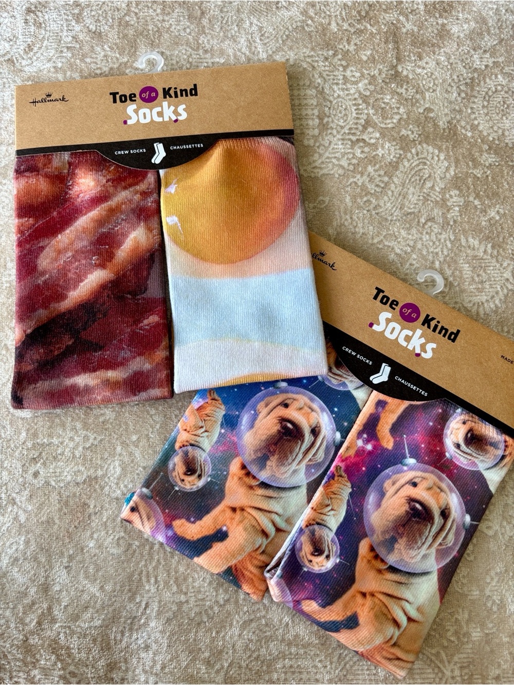 Brand New Toe of a Kind Socks 2 Pairs Crew Shar Pei Galaxy Dog Eggs & Bacon